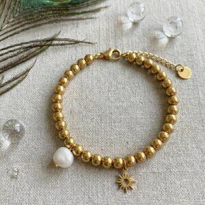 18K Gold Plated Stainless Steel Beaded Sun Pearl Charm Bracelet Boho Celestial